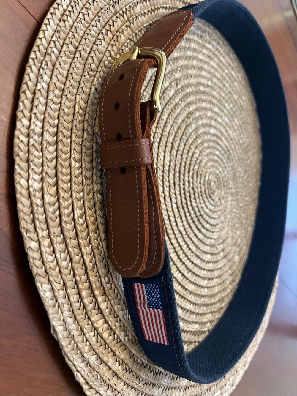 Men's Navy and Brown Leather Belt with American Flag Accent